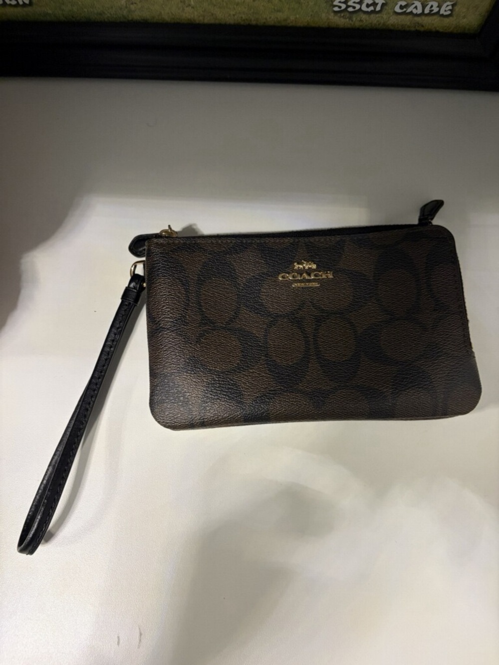 Coach Brown/Black Signature Wristlet with Gold Logo
